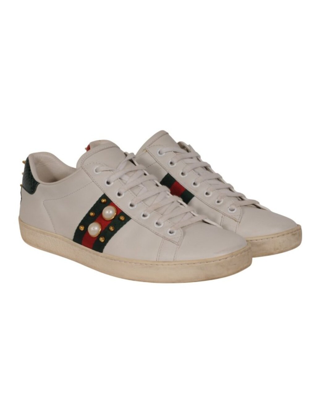 Gucci Womens Ace Studded Pearl Sneakers Size US 9 EU 39 White Red Green Leather